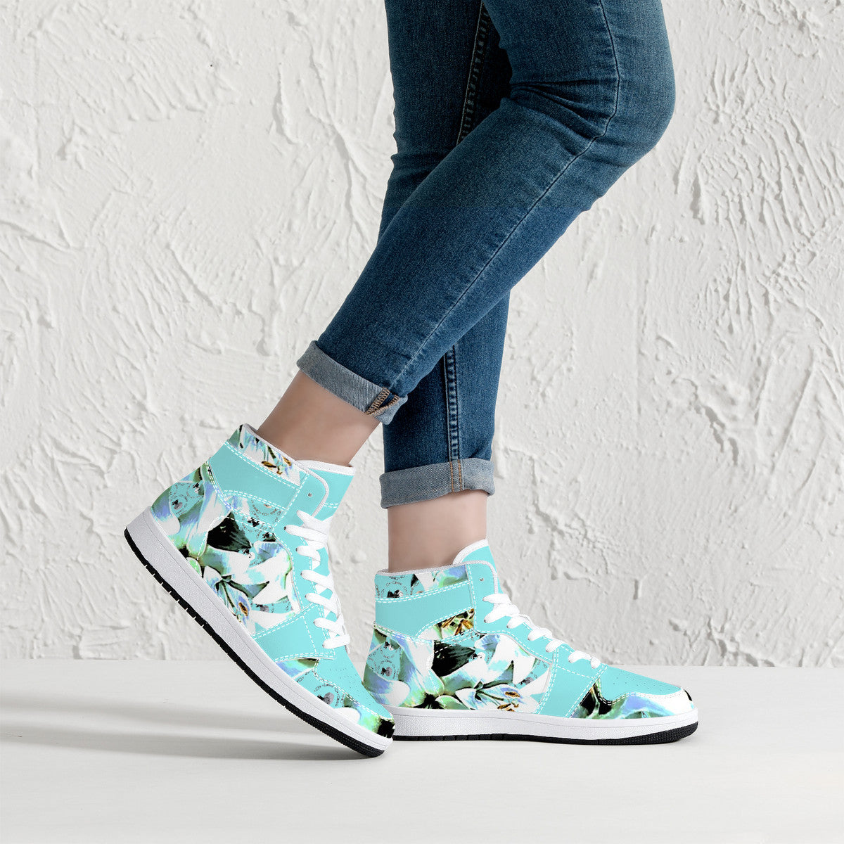 Blue Lily High-Top Synthetic Leather Sneakers - White