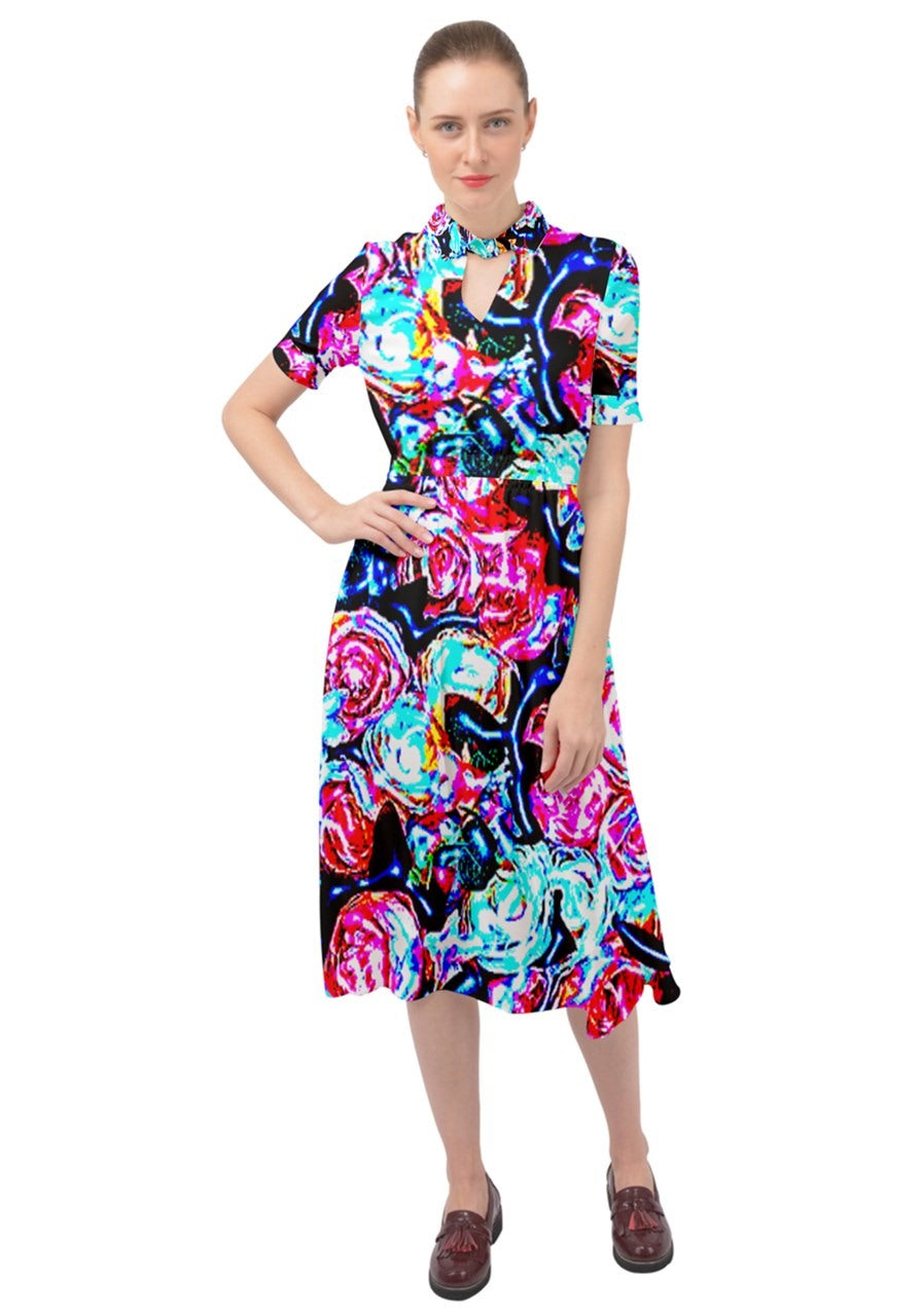 Neon Floral Keyhole Neckline Chiffon Dress