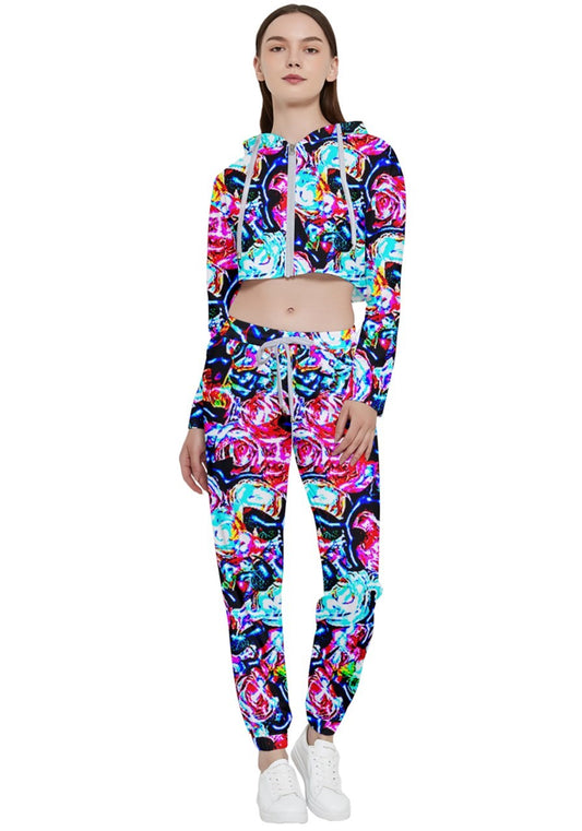 Neon Floral Cropped Zip Up Lounge Set
