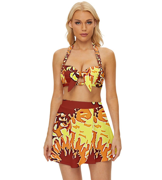 Sunflowers Vintage Style Bikini Top and Skirt Set
