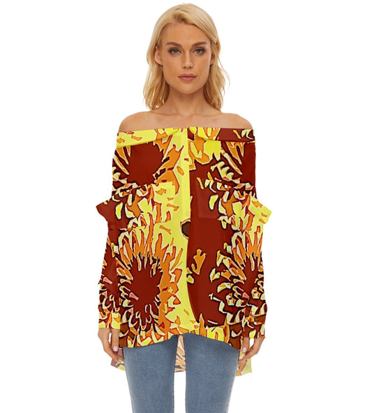 Sunflowers Off Shoulder Chiffon Pocket Shirt