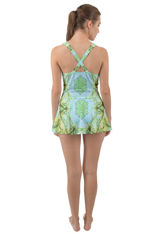 Green Marble Ruffle Top Dress Swimsuit