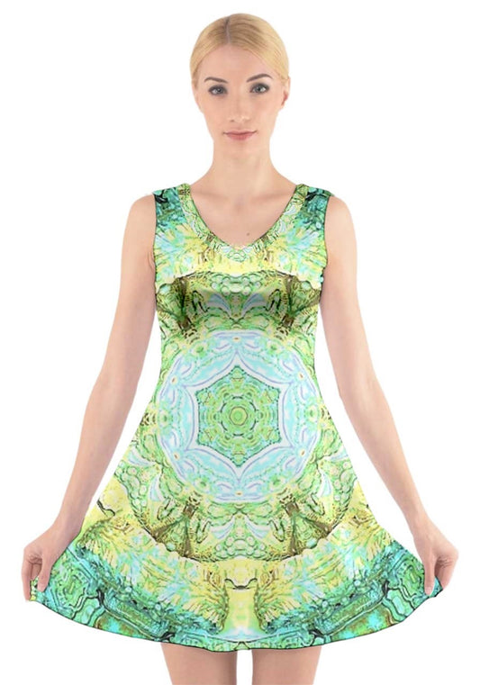 Green Marble V-Neck Sleeveless Dress