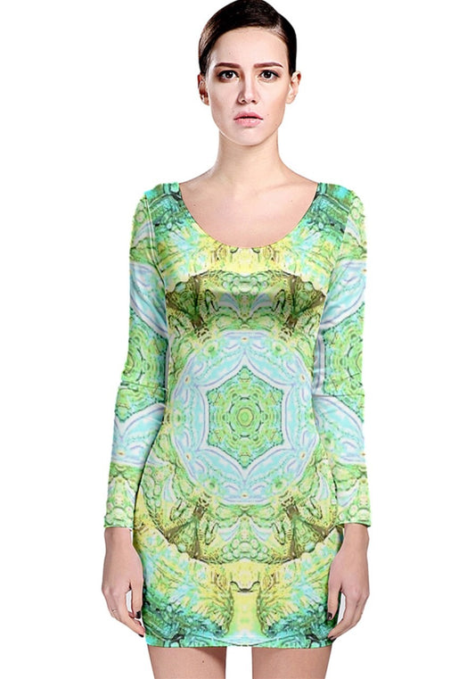 Green Marble Long Sleeve Velvet Bodycon Dress