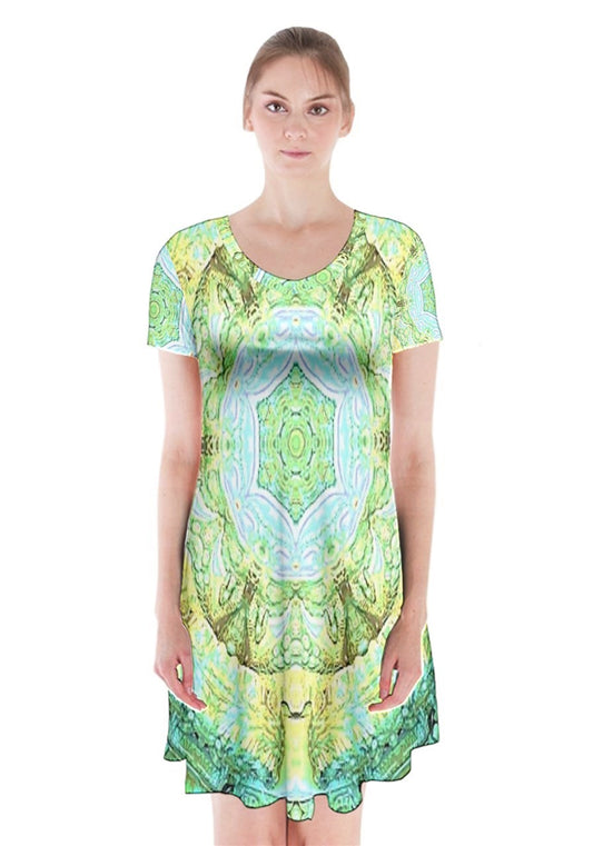 Green Marble Short Sleeve V-neck Flare Dress