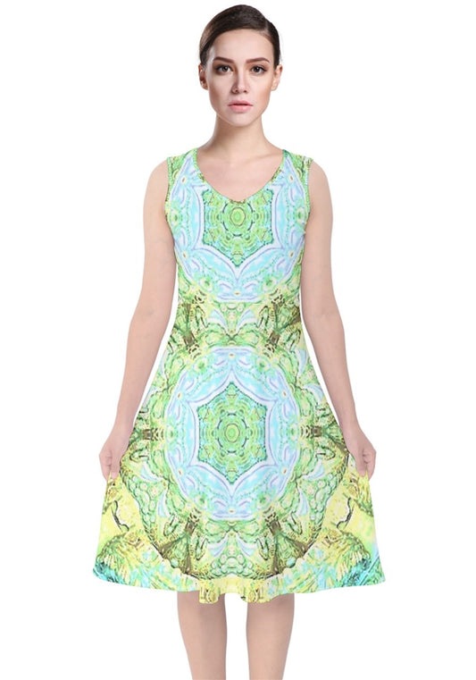 Green Marble V-Neck Midi Sleeveless Dress