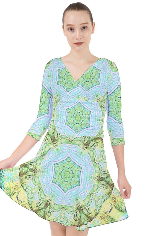 Green Marble Quarter Sleeve Front Wrap Dress