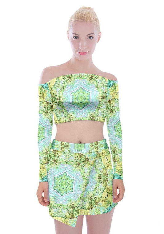 Green Marble Off Shoulder Top with Mini Skirt Set