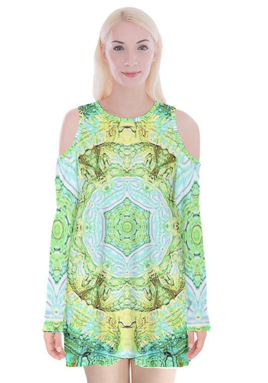 Green Marble Velvet Long Sleeve Shoulder Cutout Dress