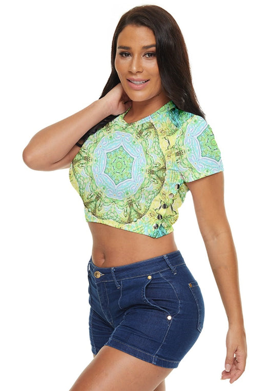 Green Marble Side Button Cropped Tee
