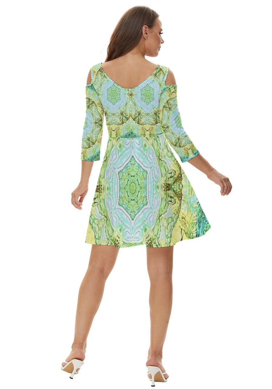 Green Marble Shoulder Cut Out Zip Up Dress