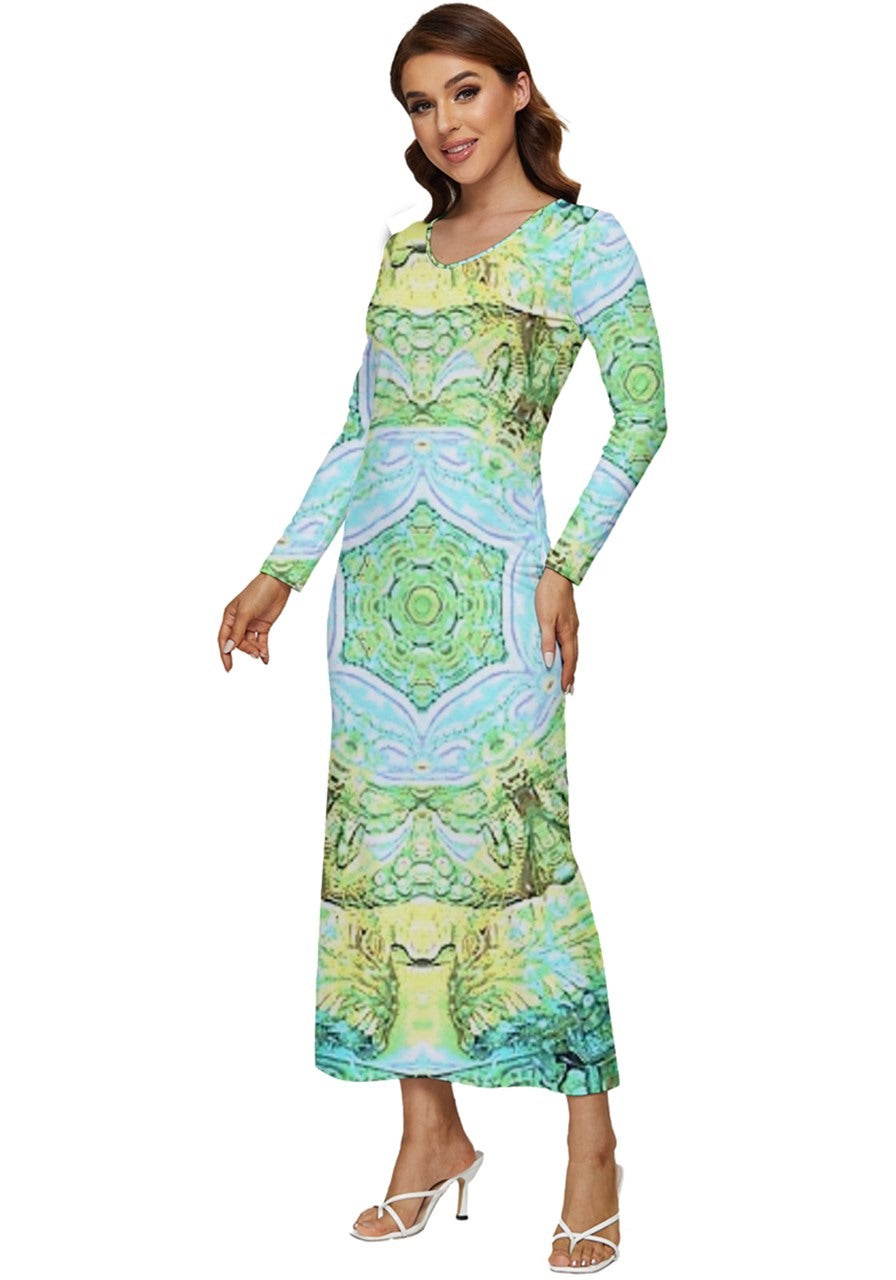 Green Marble Long Sleeve Velour Longline Maxi Dress