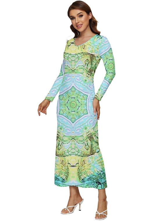Green Marble Long Sleeve Velour Longline Maxi Dress