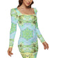Green Marble Women Long Sleeve Ruched Stretch Jersey Dress