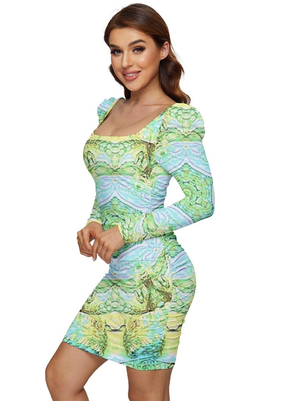 Green Marble Women Long Sleeve Ruched Stretch Jersey Dress
