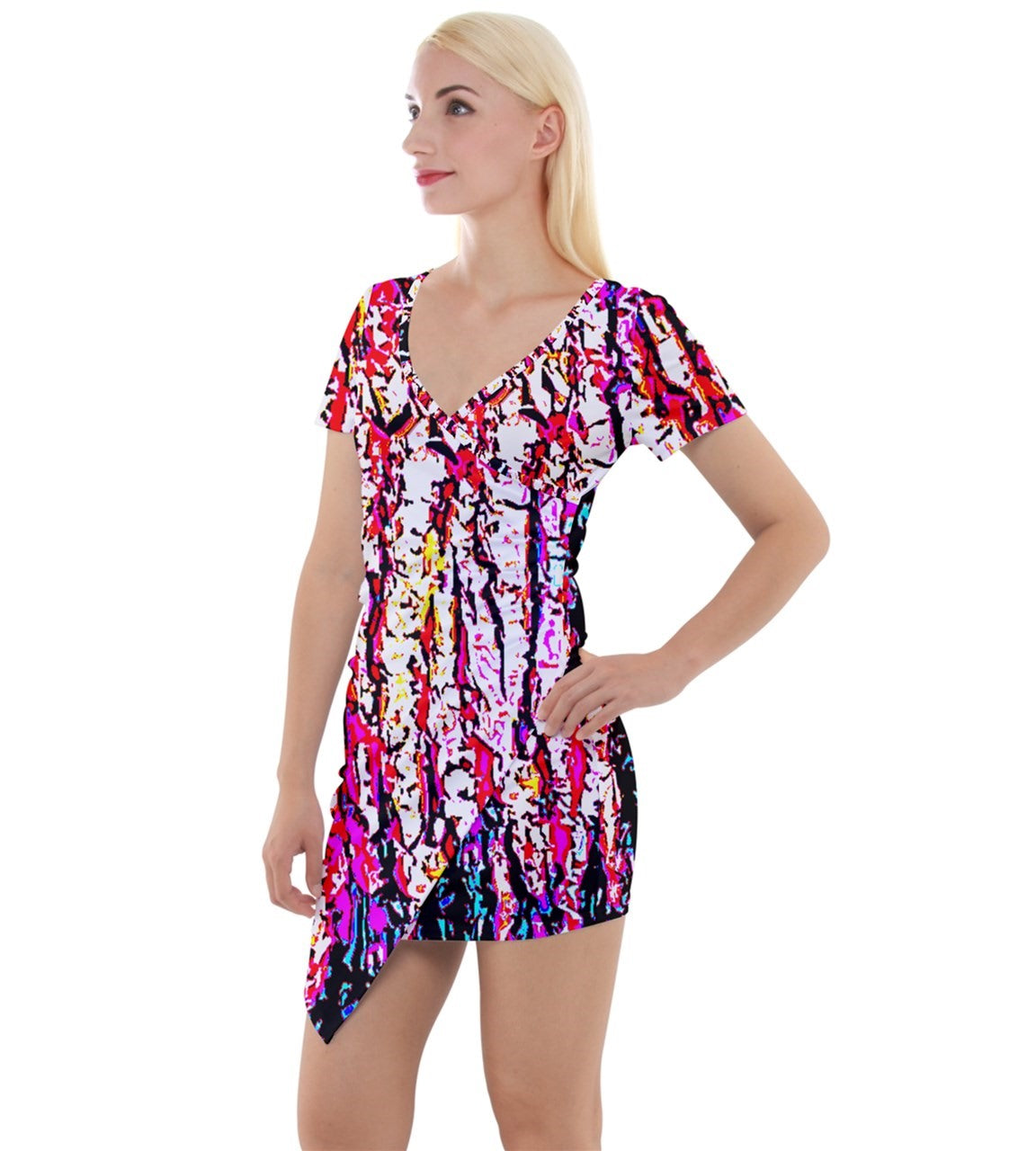 Colorful Bark Short Sleeve Asymmetric Mini Dress