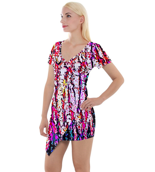 Colorful Bark Short Sleeve Asymmetric Mini Dress