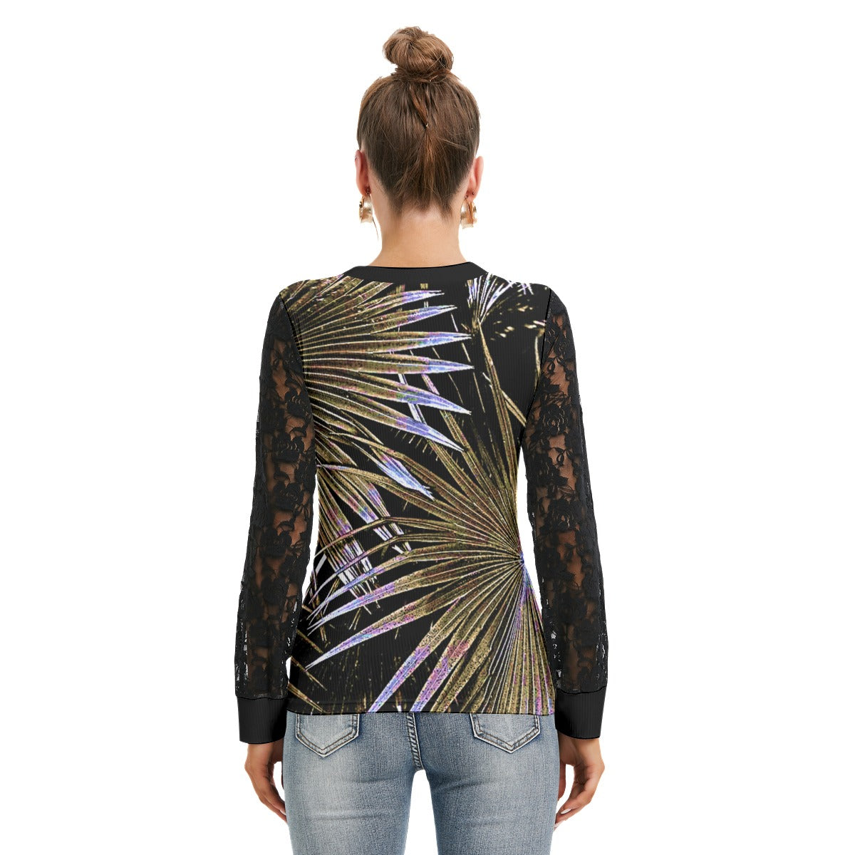 Purple Floral Women's T-shirt And Sleeve With Black Lace