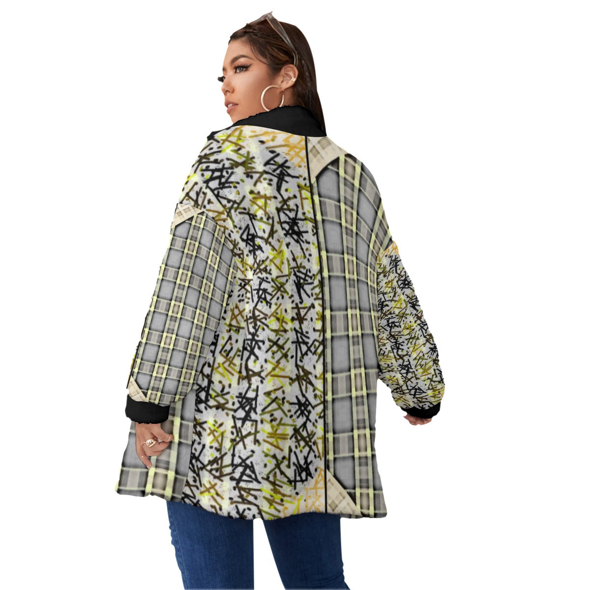 Patchwork Plus Size Fleece Stand-up Collar Coat