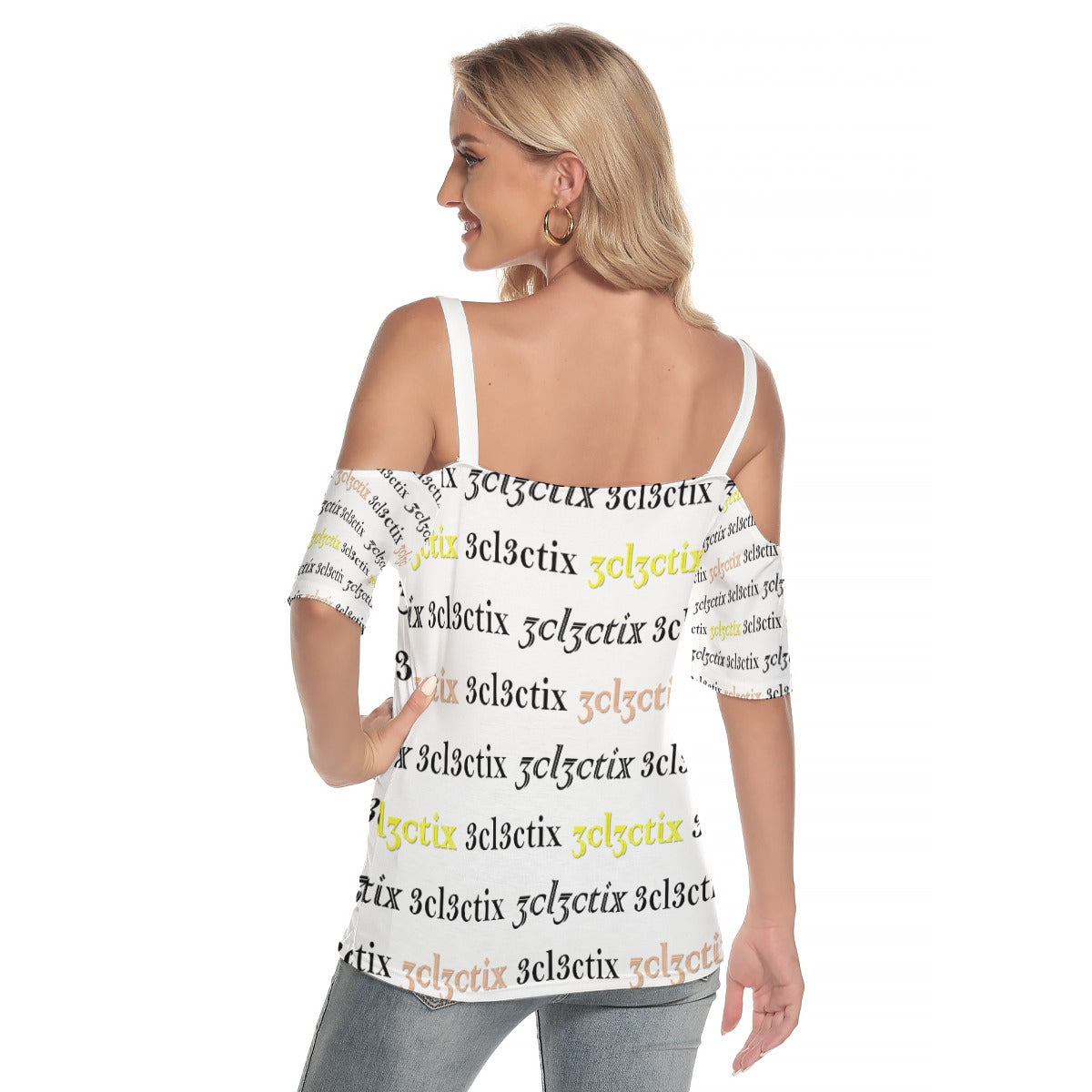 Branded Cold Shoulder T-shirt With Criss Cross Strips