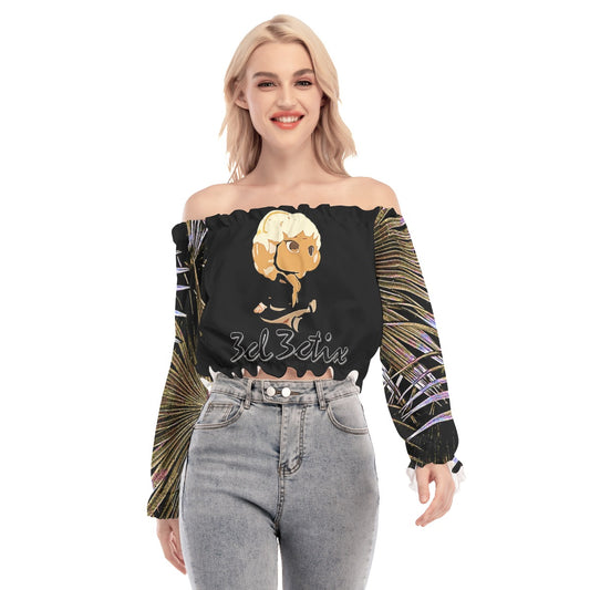Branded Purple Floral Off-shoulder Blouse With Mesh Sleeves