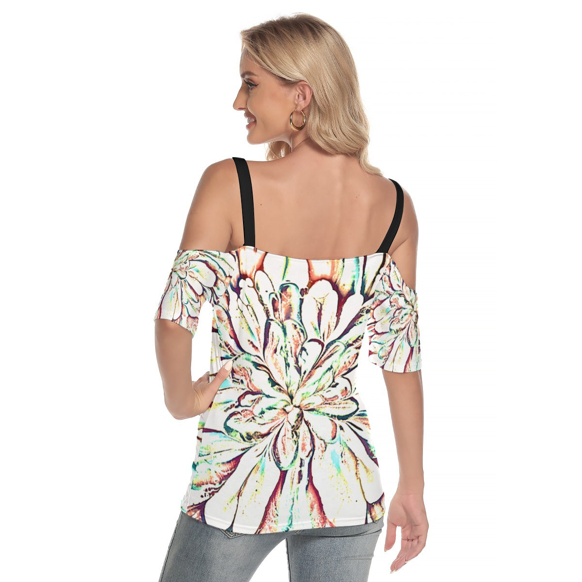 Psycho Print Cold Shoulder T-shirt With Criss Cross Strips