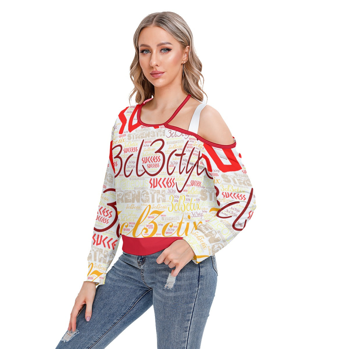 Red Branded Women's One-shoulder Cut O-neck Sweatshirt