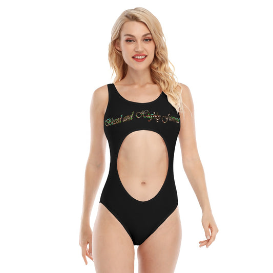 Graphic Blessed Back Hollow One-piece Swimsuit