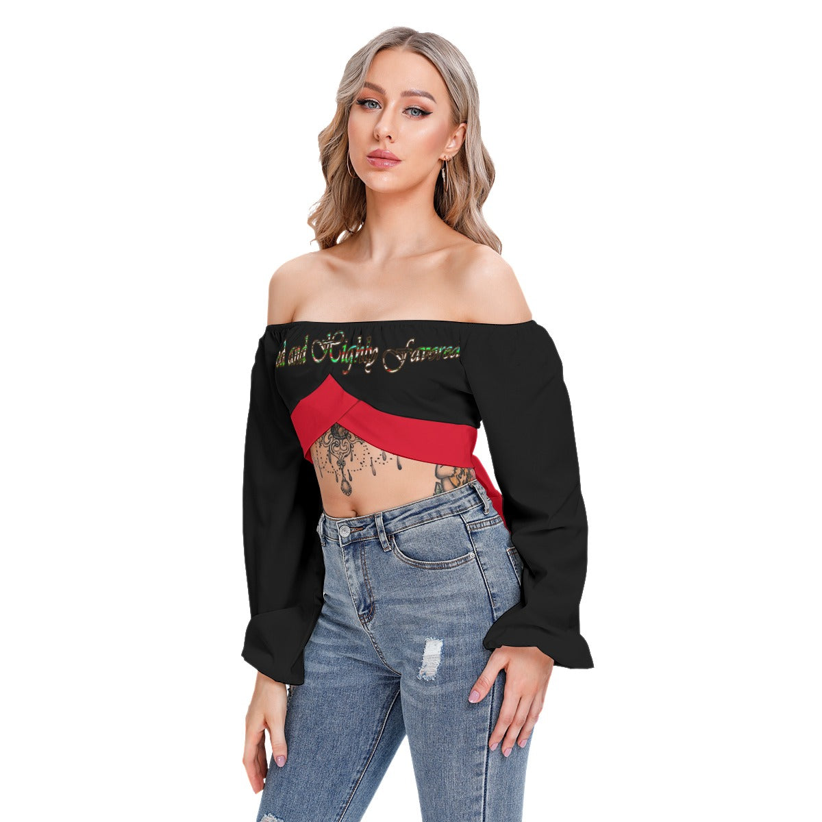 Graphic Blessed Cropped Tube Top With Long Sleeve