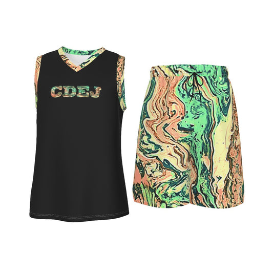 CDEJ Green Marble Men's V Neck Basketball Suit
