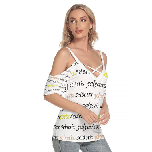 Branded Cold Shoulder T-shirt With Criss Cross Strips