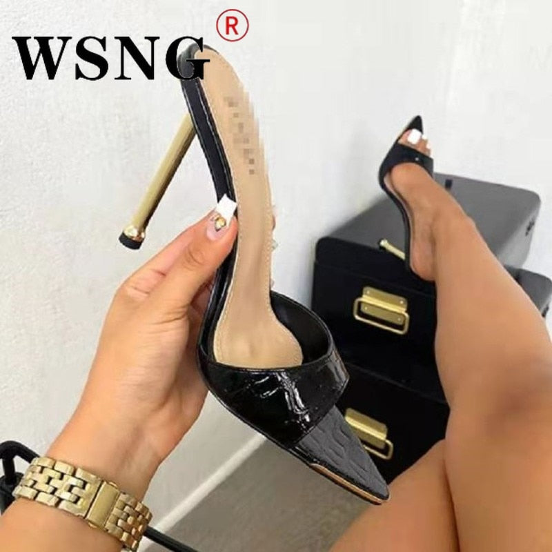 Summer New Pointed Toe High Heel Slippers Party Shoes Women Slippers Fashion Snake Print Pumps Sandals Slippers Flip Flop