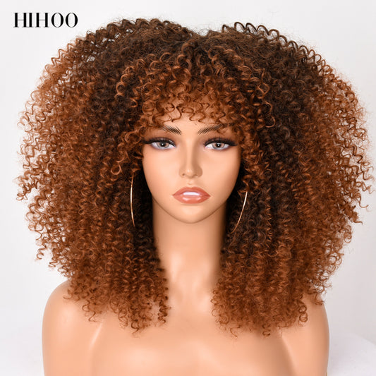 16&#39;&#39;Short Hair Afro Kinky Curly Wig With Bangs For Black Women Cosplay Lolita Synthetic Natural Glueless Brown Mixed Blonde Wigs
