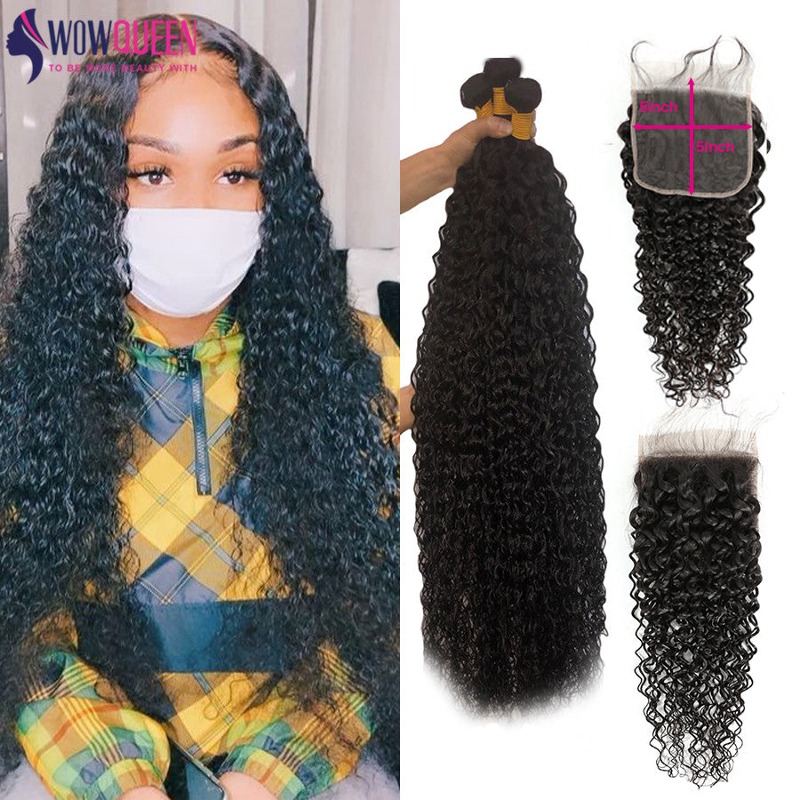 30 Inches Water Wave Bundles With Closure WowQueen 5x5 Closure And Bundles Brazilian Hair Remy Human Hair Bundles With Closure
