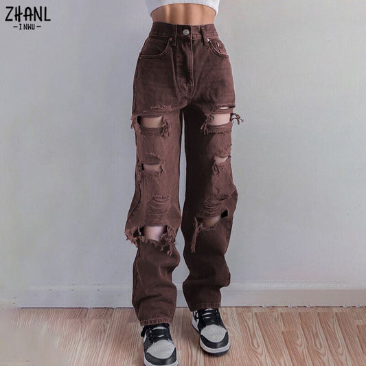 ZHANL Brown Ripped Jeans