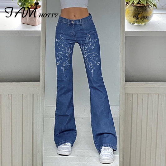 Iamhotty Butterfly Rhinestone Printed Flared Jeans