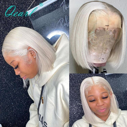 Short Bob Straight Human Hair Wig White Blonde Lace Frontal Wig for Women Ash Colored Virgin Hair 150% Lace Front Wig 13x1 Qearl