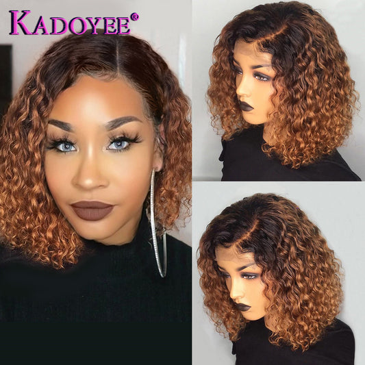 Ombre Short Bob Wig Curly Part Lace Human Hair Wig 1B/30 Color Brazilian Kinky Curly Lace Frontal Wig Baby Hair Pre Plucked Remy