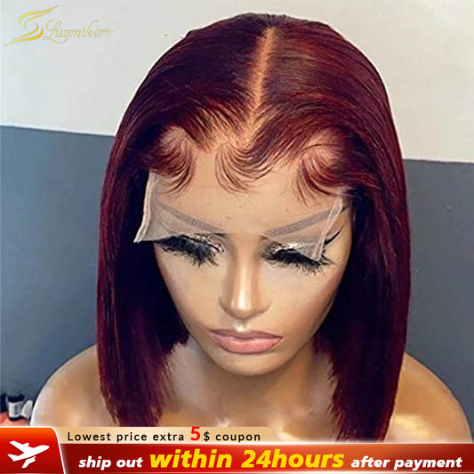 Red Burgundy 99j Straight Lace Front Wig Colored Human Hair Bob Wigs For Women Short Blunt Cut Pixie Preplucked Lace Frontal Wig