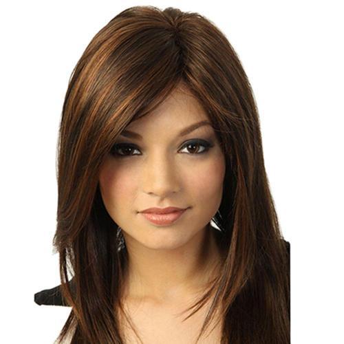 Women Dark Brown Long Straight Partial Bangs Full Wig with bangs Heat Resistant Party Natural Hair Wig Accessories