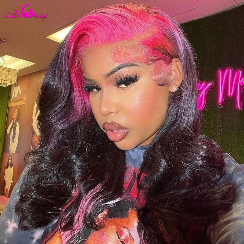 Pink Root 13x4 Body Wave Lace Frontal Wig Transparent Lace 180% Density Pink Highlight Human Hair Wig Pre Plucked Remy Body Wig
